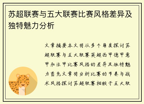 苏超联赛与五大联赛比赛风格差异及独特魅力分析